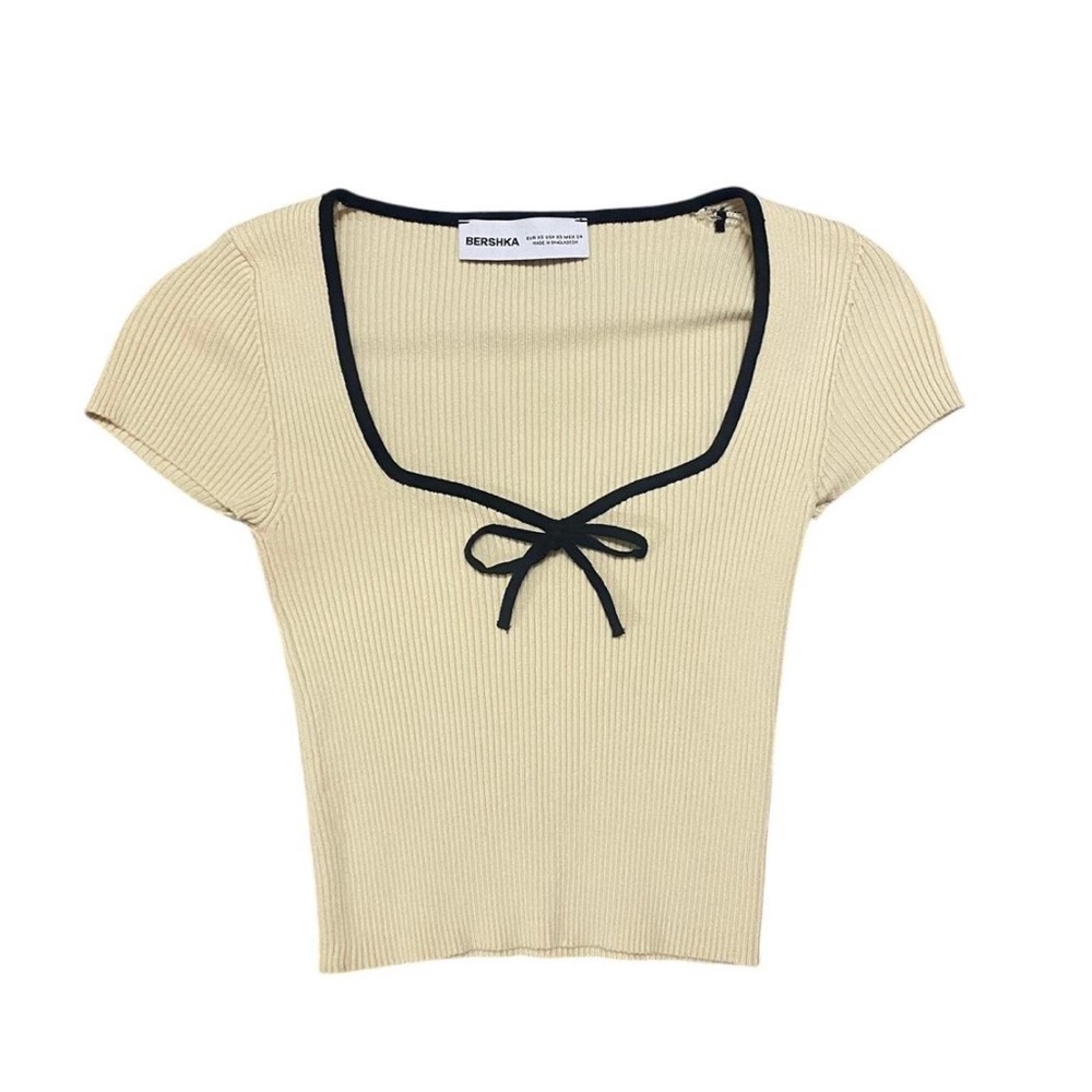 Bershka Beige Ribbed Top with Black Bow